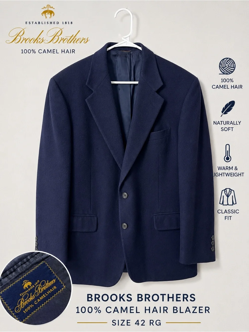 Brooks Brothers 100% Camel Hair Blazer Sport Coat Navy 42R Made in USA